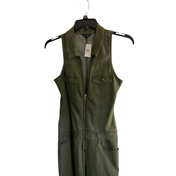 V.I.P. Jeans Jumpsuit Womens XL Olive Green Sleeveless Zip Front Utility Pockets - Picture 12 of 13